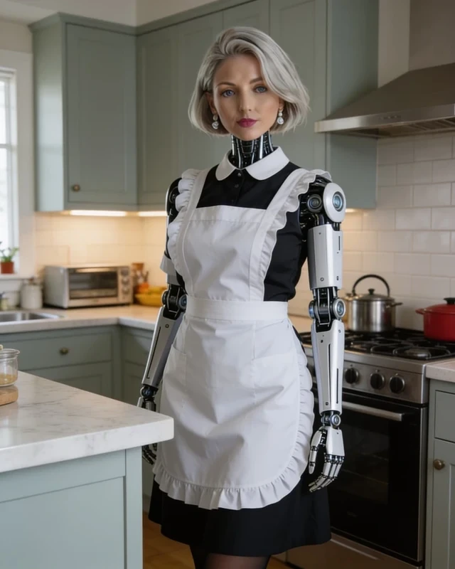Ingrid, an adult fictional household android with visible mechanical arms